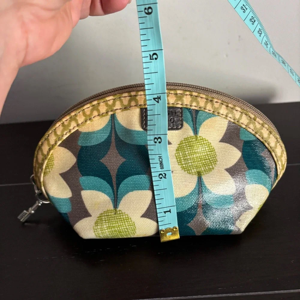 Fossil Key-Per | Retro Floral Coated Canvas Cosmetic Makeup Bag | Teal Green